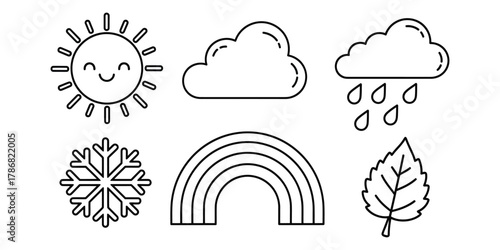 Set of weather and seasonal icons including sun cloud rain snowflake rainbow and leaf