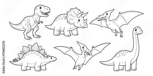 Six cartoon dinosaurs including Tyrannosaurus Rex Triceratops Stegosaurus and Pterodactyls