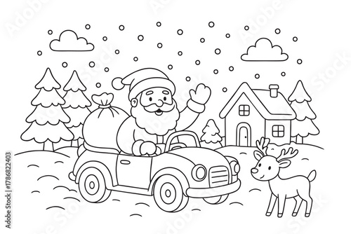 Cute Christmas coloring page featuring Santa driving a convertible car with gift bags, reindeer, snowy house, and pine trees. Simple outline vector illustration for kids.