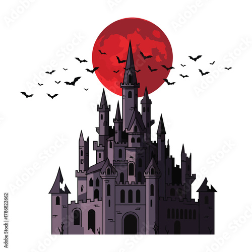 Spooky gothic castle silhouette with flock of bats and blood moon background haunted