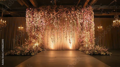 Wallpaper Mural Romantic stage design with pastel pink floral wall and hanging flowers creates elegant and dreamy atmosphere for special events and celebrations Torontodigital.ca