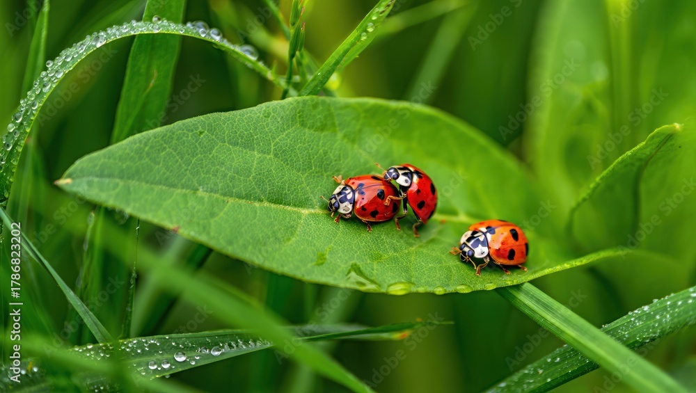 Fototapeta premium Ladybugs Mating on Dew-Kissed Green Leaf