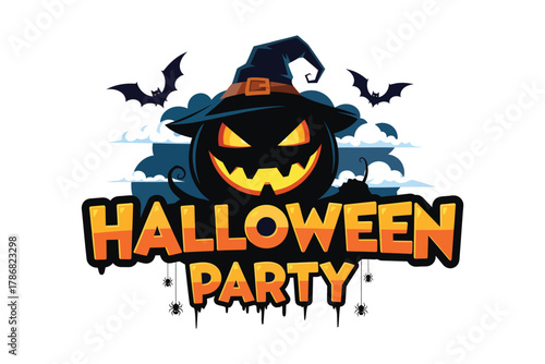 Spooky Halloween party text with grinning pumpkin witch hat bats and spiders invitation