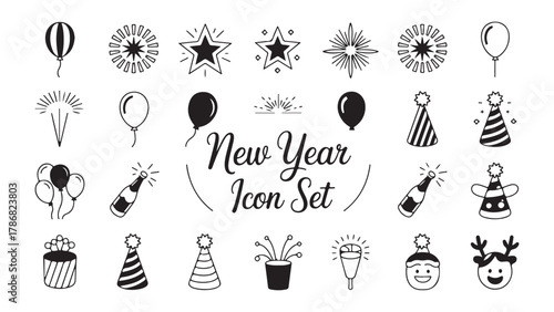 Festive new year celebration icon set with holiday elements and celebratory graphics