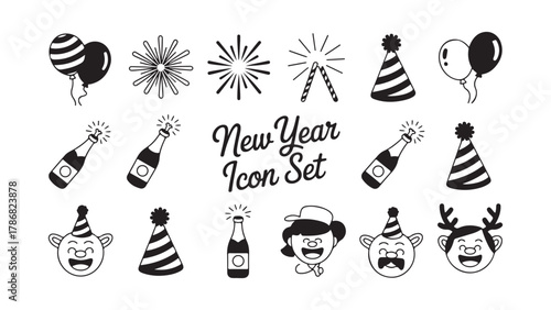 Festive new year celebration icon set featuring holiday elements and celebratory graphics