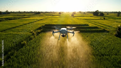 A drone sprays a field its arms extended dispersing liquid the bright sun is visible behind the landscape