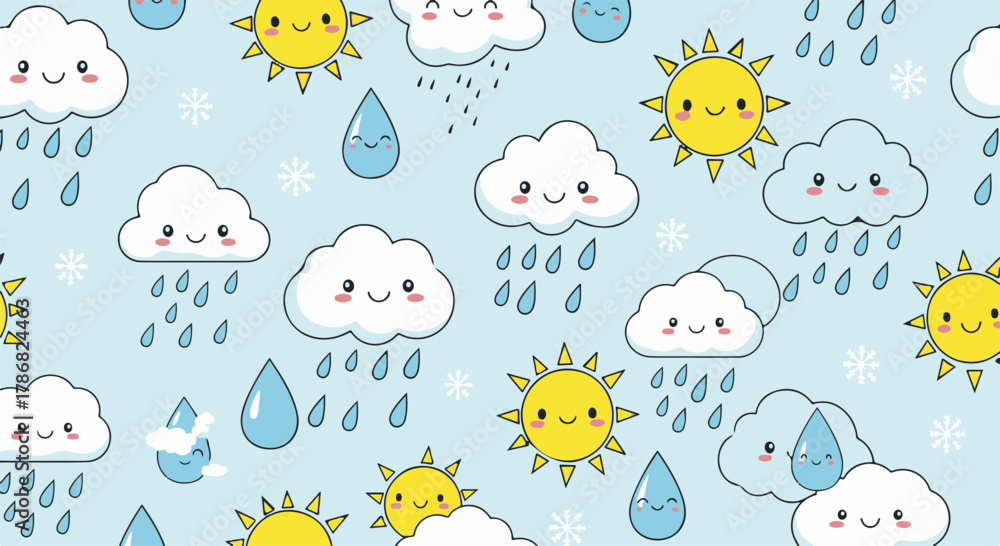 Fototapeta premium Cute and smiling sun, cloud, and rain illustrations form a delightful seamless pattern on a soft blue background, perfect for kids' designs and textiles