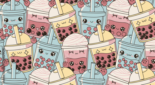 Adorable kawaii bubble tea boba drinks seamless pattern, featuring sweet pastel beverages and fresh strawberries, a delightful design