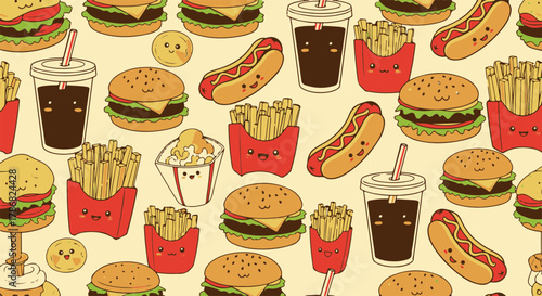 Playful and whimsical cartoon fast food seamless pattern featuring adorable burgers, fries, and hot dogs on a light background