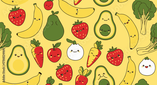 Bright and cheerful seamless pattern featuring a delightful assortment of cute cartoon fruits and vegetables with friendly faces