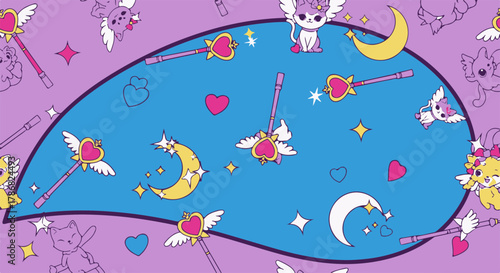 Playful and enchanting seamless pattern with fantasy wands, glittering stars, crescent moons, and sweet animal-like characters, perfect for backgrounds and textiles
