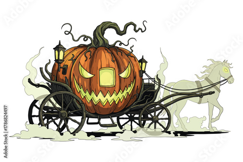 Spooky pumpkin carriage pulled by a ghost horse with glowing eyes and smoke halloween