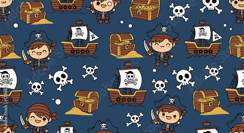Vibrant cartoon pirate adventure seamless pattern with charming characters, ships, and hidden treasure for children's designs