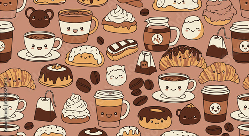 Delightful coffee and pastry seamless pattern featuring charming kawaii style food and drink illustrations for sweet projects