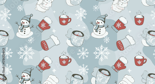 Cozy winter holiday seamless pattern featuring cute snowmen, steaming drinks, and warm mittens amidst snowflakes