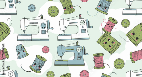 Charming sewing craft seamless pattern featuring cute cartoon machines, colorful thread spools, and buttons