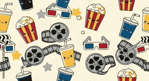 Captivating and playful movie-themed seamless pattern featuring kawaii popcorn, drinks, film reels, and 3D glasses, ideal for entertainment and media-related designs