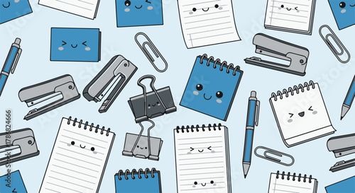 Adorable office supplies with smiling faces form a charming, playful seamless pattern for stationery and creative designs