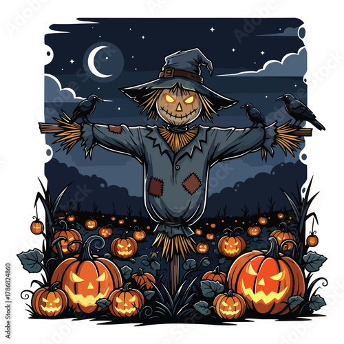 Spooky scarecrow in a pumpkin patch at night with crows and a crescent moon jack o lantern