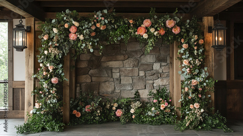 Rustic inspired stage with backdrop of mixed florals and greenery arranged around wooden beams and stone wall, creating charming and natural atmosphere for events