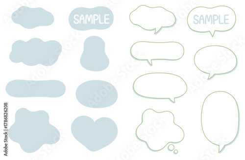 ソフトブルーの手描き吹き出しベクター素材セット