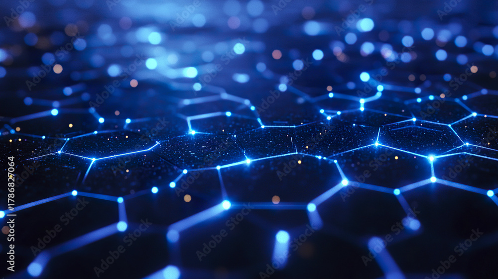 Fototapeta premium Sleek blue tech backdrop with bright circuit patterns glowing in dark space, creating futuristic and dynamic digital network effect with hexagonal shapes