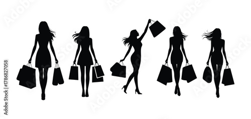Set of black silhouettes of women carrying shopping bags vector.