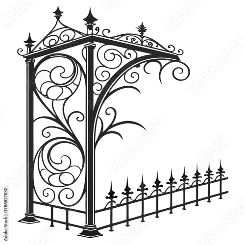 Wrought Iron Corner Arch and Fence Vector, Vintage Ornate Forged Metal Gate Canopy, Black and White Architectural Detail