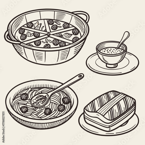 Hand-Drawn Italian Food Set with Pasta, Tiramisu, and Pizza Outline