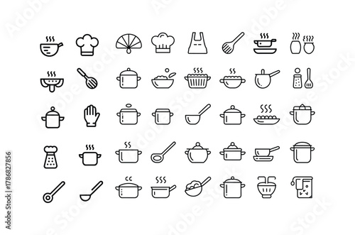 Set of kitchenware cooking utensils and chef, utensil, pot, pan, ladle, whisk, apron, accessories vector.