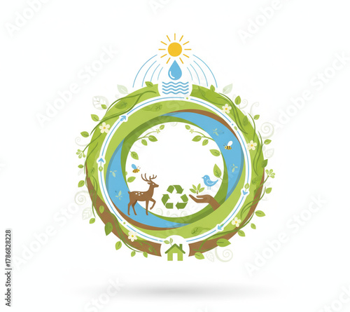 Circular eco-system illustration depicting sustainable living, renewable energy, and nature preservation