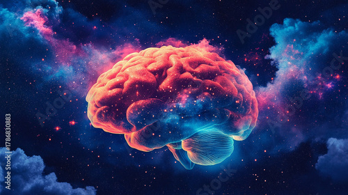 A human brain dissolves into floating neon constellation clouds, glowing with vibrant light, symbolizing thought, imagination, and the cosmic flow of ideas in a surreal digital scene.
