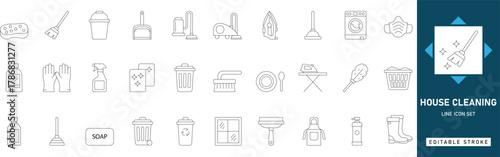 House cleaning, hygiene, and maintenance icons including mop, broom, vacuum, spray, and detergent. Editable line art vector set for home, service, and cleanliness design