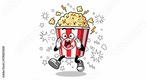 Cartoon popcorn bucket running with surprised expression and popping kernels.