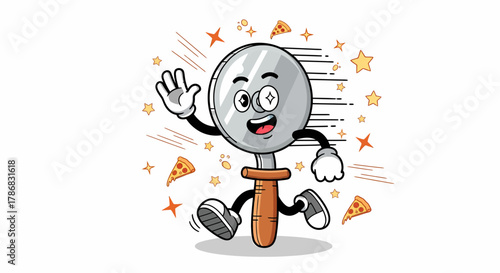 Cartoon pizza cutter character running with pizza slices around.