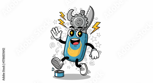 Cartoon Pruning Shears Character with Wrench Head and Energetic Pose.