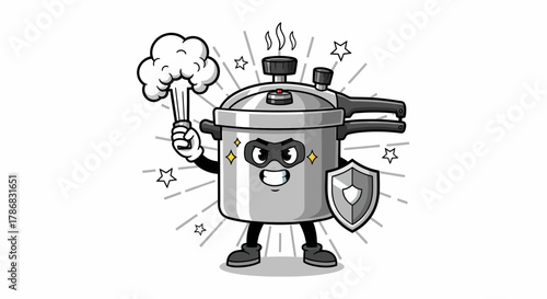 Cartoon pressure cooker superhero holding broccoli and shield.