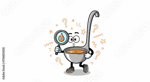 Cartoon soup ladle character searching with a magnifying glass.