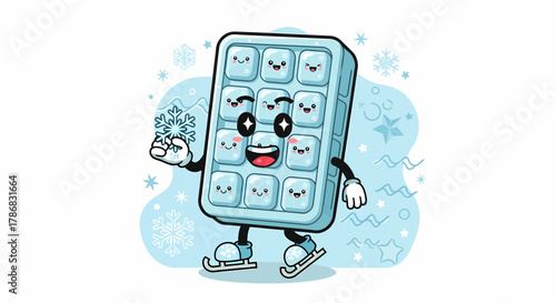 Cheerful cartoon ice cube tray character ice skating happily.