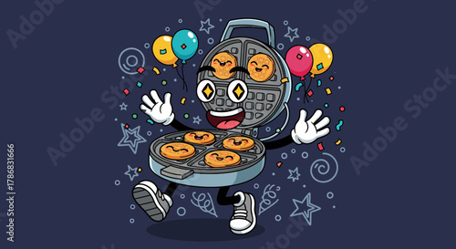 Cheerful waffle maker character with happy face and delicious waffles.