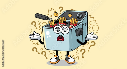 Confused Cartoon Deep Fryer with French Fries and Question Marks.