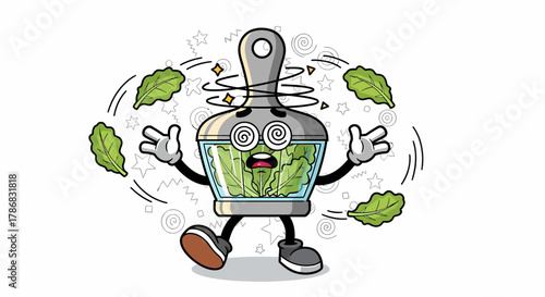 Dizzy Salad Spinner Cartoon Character with Swirling Lettuce Leaves.