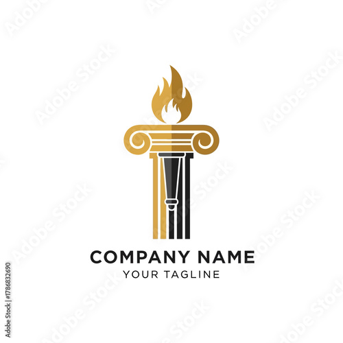 Elegant logo design featuring a golden flame atop a classical Ionic pillar, symbolizing knowledge and justice.