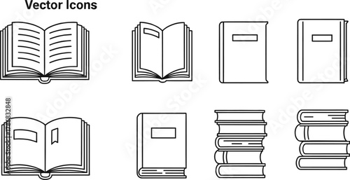 Book outline vector illustration set with open books, closed books, and stacked books icons for education and library design.