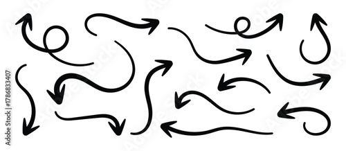 Set of hand drawn vector arrows doodle on white background. Different hand drawn arrow element collection design.