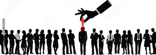 Business concept illustration showing hand selecting individual from crowd, symbolizing recruitment, job selection, leadership, and career opportunity.