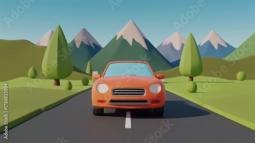 Orange Cartoon Car Driving Down Asphalt Road with Mountain Landscape Backdrop
