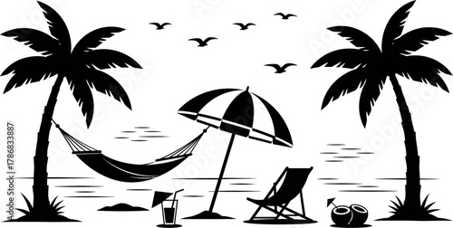 Beach vacation scene silhouette Vector