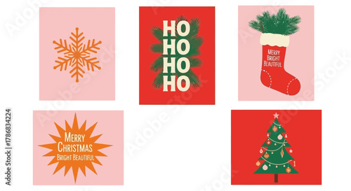 Festive Holiday Graphics Snowflake, Ho Ho Ho, Stocking, Starburst, and Christmas Tree Designs
