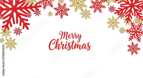 Festive Merry Christmas Banner with Red and Gold Snowflake Design for Holiday Greetings